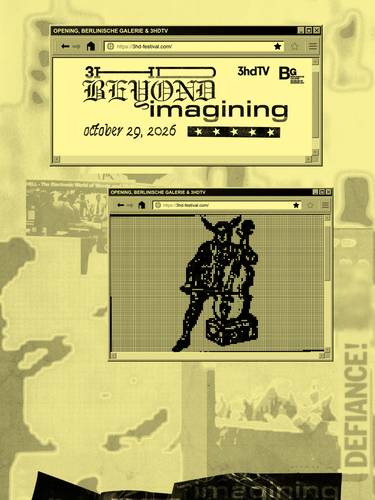Saish Kotecha, Titelbild Eröffnung 3hd @BG, 2026 – Gelber Hintergrund mit zwei Computerfenstern. Oben: Text "3hd Beyond imagining October 29, 2026". Unten: Pixelgrafik eines Wesens mit Geige.