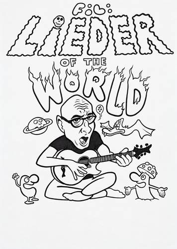Karikatur von person mit Gitarre, umgeben von fliegendem Drachen, Aliens im UFO und zwei cartoonhaften Figuren. Text: "Fil: Lieder of the World".