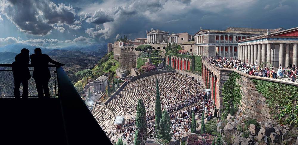Panorama PERGAMON mit Blick von oberster Besucherplattform auf das Theater und die Akropolis – Digitale Illustration eines antiken römischen Theaters mit voll besetzten Rängen und umgebender Architektur. Zwei Personen im Vordergrund.