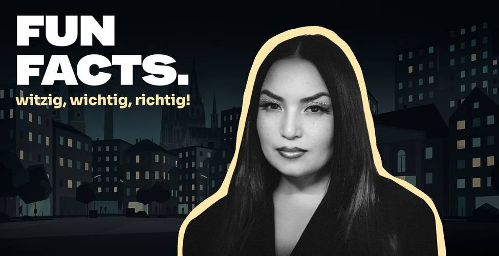 Bahar Kizil & Live Show – Person mit langen Haaren vor einer Stadtsilhouette. Text: FUN FACTS. witzig, wichtig, richtig!