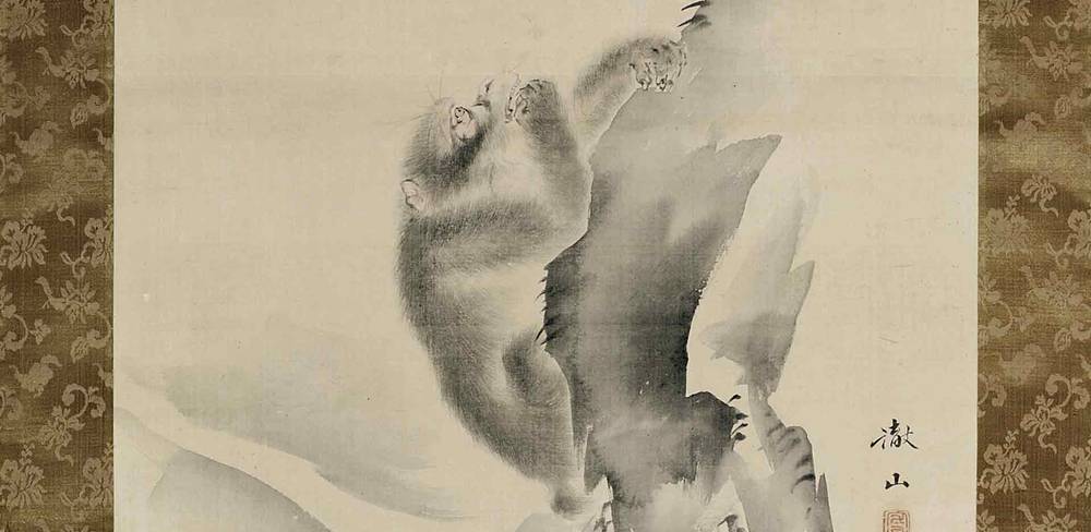 Mori Tetsuzan (1775-1841), Miteinander streitende Affen, Detail, Edo-Zeit, 1. H. 19. Jh., Hängerolle, Tusche und Farben auf Seide