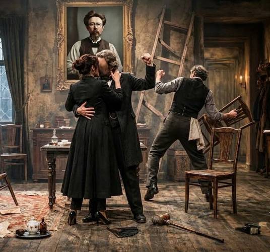 Person küsst eine andere Person in schwarzer Kleidung; dritte Person hält leeren Rahmen. Porträt von Anton Pavlovich Chekhov im Hintergrund.