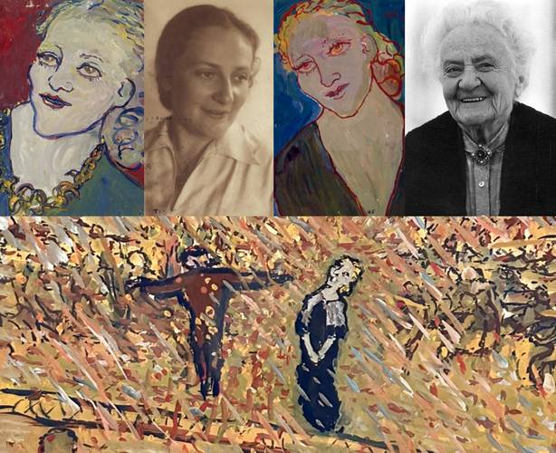 Fünf Porträts oben: Malerei, Foto, Malerei; jeweils lächelnde weiblich-gelesene Person. Unten abstrakte Malerei: Personen in Landschaft.