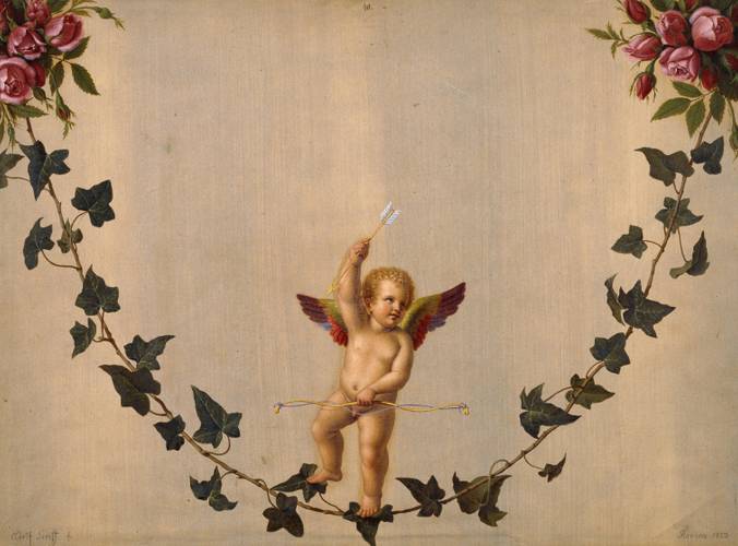 Adolf Senff: Amor auf einer zwischen Rosenbouquets hängenden Efeuranke, 1823 – Amor auf einer zwischen Rosenbouquets hängenden Efeuranke, von Adolf Senff, 1823