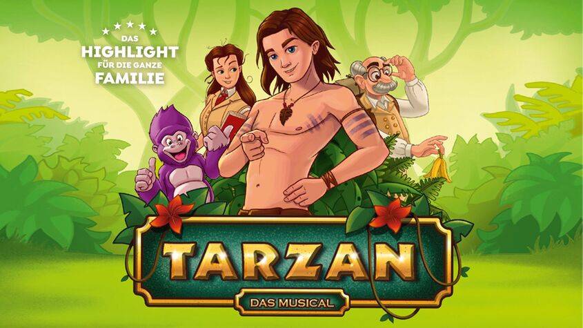 Blickfang ist eine Illustrierte mit einem lächelnden Mann mit langen Haaren und Tattoos. Text: TARZAN DAS MUSICAL, DAS HIGHLIGHT FÜR DIE GANZE FAMILIE.