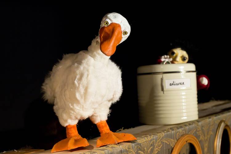 Die Weihnachtsgans Auguste – Weiße Plüsch-Ente mit orangefarbenen Schnabel. Rechts eine Gesichtsfigur hinter einem cremefarbenen Behälter mit dem Text "arisu Hi".