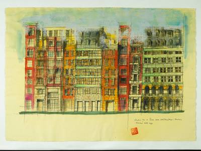 Aldo Rossi. Studie für das Quartier in der Schützenstraße, Berlin, 1993, Aquarell und Tinte auf Papier, 49,6 × 70,5 cm