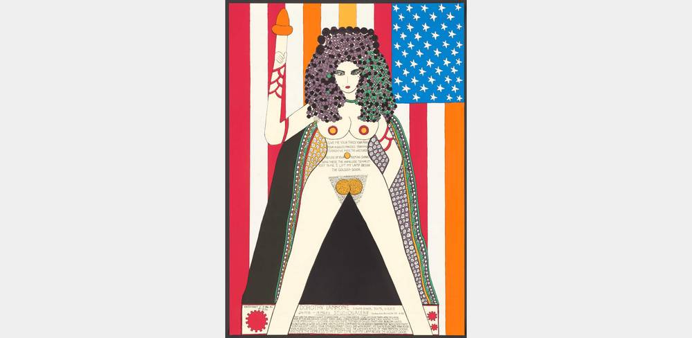 Dorothy Iannone, „The Statue of Liberty“, 1977, Plakat der Ausstellung "Sound Boxes, Texts, Video" in der Studiogalerie Berlin, Siebdruck auf Papier, aus dem Archiv des Berliner Künstlerprogramm des DAAD
