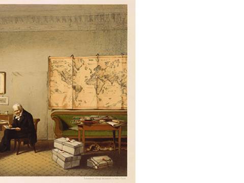 Alexander von Humboldt in seinem Arbeitszimmer. Farblithographie nach Hildebrandt.