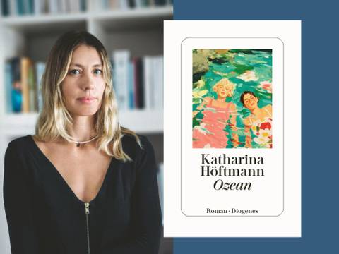 Katharina Höftmann und Judith Poznan im Gespräch: Ozean – Person mit langen blonden Haaren vor unscharfem Buecherregal links; Buchcover rechts mit zwei schwimmenden Personen, Text: "Katharina Höftmann Ozean Roman