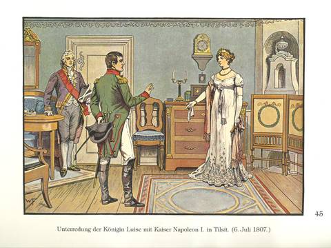 Unterredung mit Napoleon in Tilsit, 1807 aus: „Die Königin Luise in 50 Bildern für Jung und Alt“, Verlag Paul Kittel, Berlin 1896 – Unterredung mit Napoleon in Tilsit, 1807 aus: „Die Königin Luise in 50 Bildern für Jung und Alt“, Verlag Paul Kittel, Berlin 1896