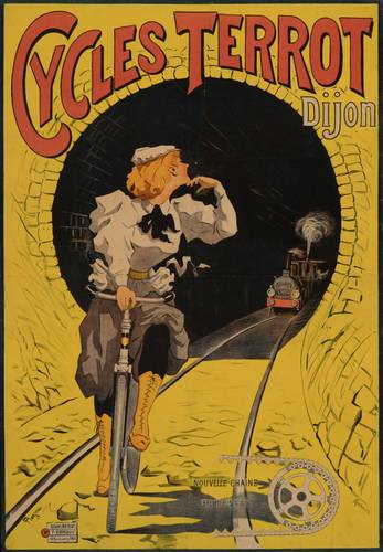 Werbeplakat für Fahrräder der Marke Cycles Terrot, Lithographie von Francisco Nicolas Tamagno, Paris ca. 1895 – Ein gelbes Werbeplakat für Fahrräder von Francisco Nicolas Tamagno, Paris ca. 1895. Die Überschirft ist in Orangerot gehalten, das Motiv zeigt eine Dame um 19oo auf einem Fahrrad. Sie fährt in koketter Haltung auf Schiene, hinter ihr ein Bahntunnel, aus dem eine Dampflok kommt.