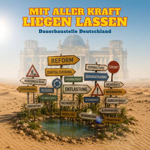 Einige Schilder mit Begriffen wie "Reform" und "Entlastung" vor einer Wüstenlandschaft und einem verschwommenen Gebäude im Hintergrund. Text: "Mit aller Kraft