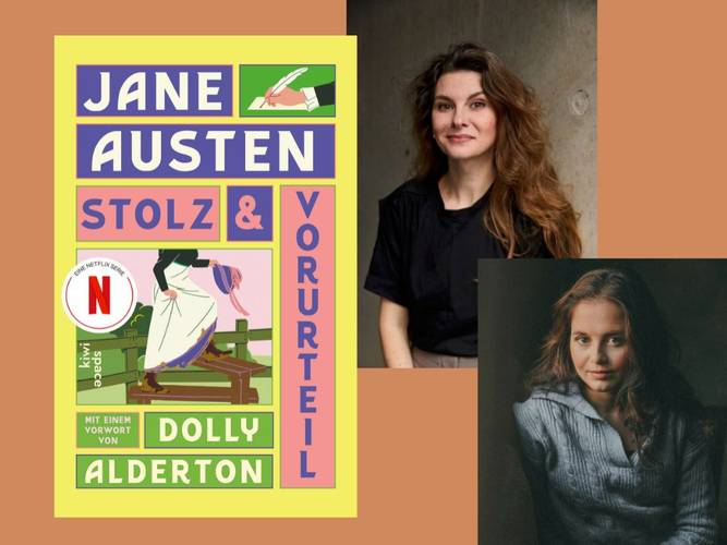 Jane Austen: Stolz und Vorurteil – Buchpremiere mit Bianca Nawrath & Judith Poznan – Buchcover "Jane Austen Stolz & Vorurteil", Vorwort von Dolly Alderton. Daneben zwei Bilder von lächelnden Personen.