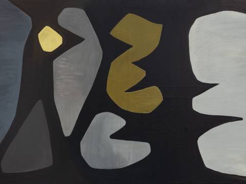 Anna-Eva Bergman, N°1-1952, 1952, Sammlung Hartung-Bergman Foundation – Gemälde: Große, abstrakte und abgerundete Formen in gräulich, bläulich und grün-gelblichen Farben auf dunkelgrauem Hintergrund.