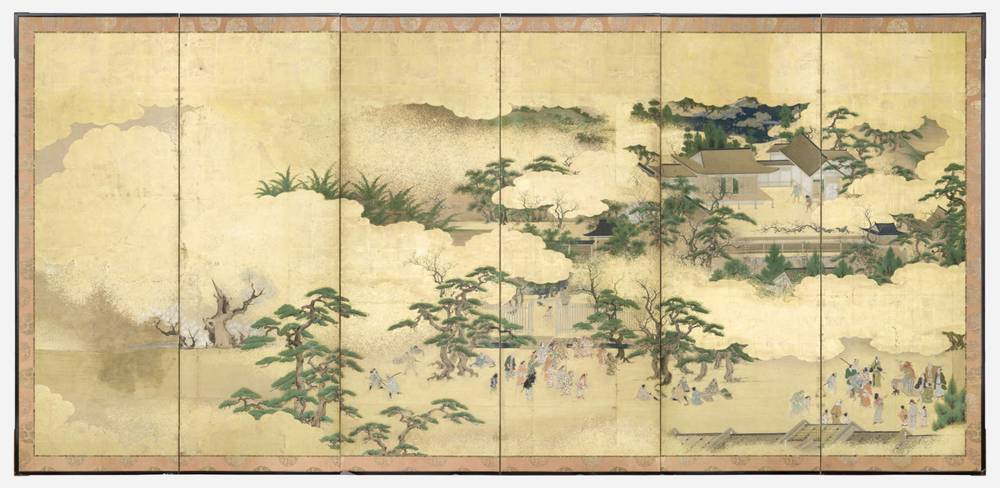 Werkstatt des Kano Jinnojō (k.D., tätig 1. H. 17. Jh.) zugeschrieben, Landschaft mit Figuren, Stellschirm zu 6 Paneelen, Tusche, Farben und Gold auf Papier