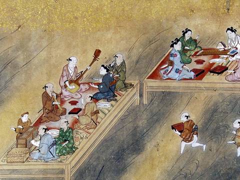 Unbekannte Maler*innen, traditionell Tosa Mitsunori (1583 – 1638) zugeschrieben, Die Abendkühle am Fluss Kamogawa in Kyoto genießen, Detail, Japan, 17. Jh., Querrolle, Tusche und Farben auf Papier