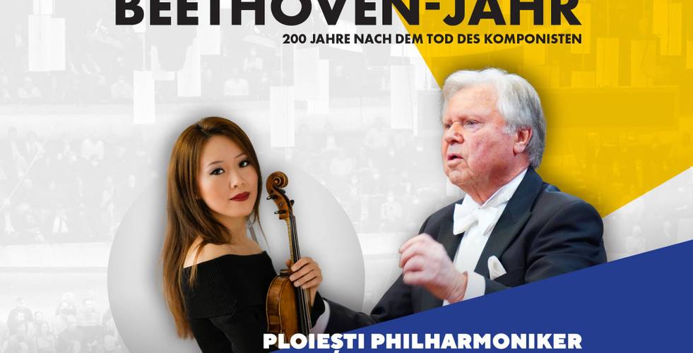 Zwei Personen, eine mit Geige, eine dirigierend. Text: BEETHOVEN-JAHR 200 Jahre nach dem Tod des Komponisten, PLOIESTI PHILHARMONIKER. Hintergrund: Publikum.