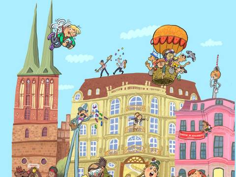 Am „Sonntag im Nikolaiviertel“ gibt es in den Museen Nikolaikirche, Ephraim-Palais und Knoblauchhaus ein abwechslungsreiches Programm. – Cartoon-Zeichnung von buntem Menschengetümmel vor Nikolaikirche, Knoblauchhaus und Ephraim-Palais