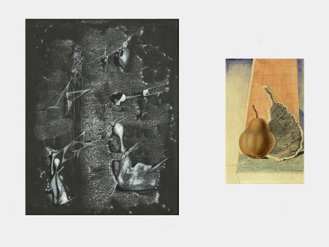 Yves Tanguy, Ohne Titel, 1946, Gouache auf schwarzem Papier / Max Ernst, Poire (Birne), 1925, Aquarell, Bleistift, Frottage auf Papier