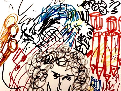  – Portraet mit Locken, Grafiken aus Noten, Pfeifen und Instrumententeilen. Text: "Kyrie Eleison" und "Aspekte Bach". Bunte, schwungvolle Linien.