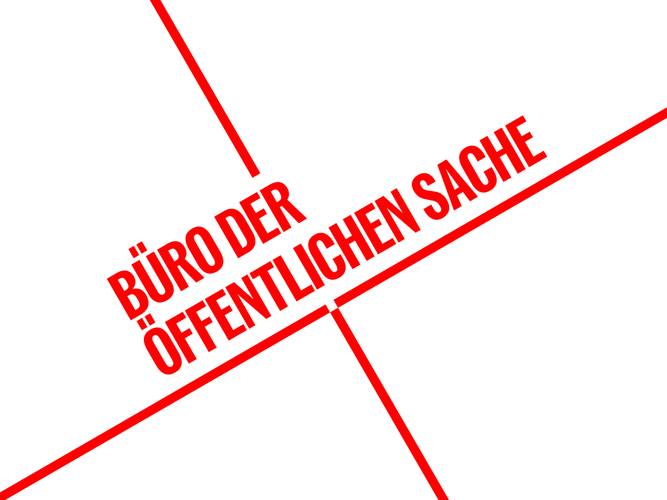 Büro der öffentlichen Sache – Roter Text "BÜRO DER ÖFFENTLICHEN SACHE" schräg auf weißem Hintergrund mit roten Linien. Grafisches Design.