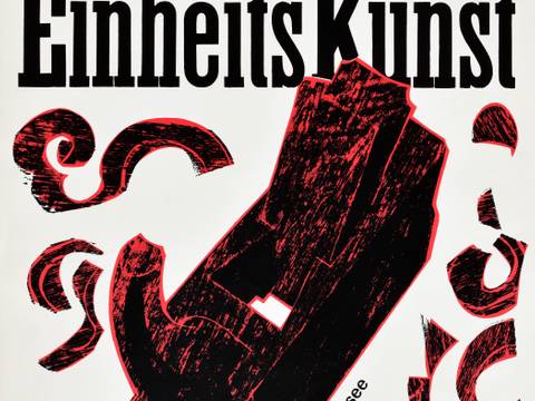 Plakat „Berliner Einheitskunst", 1991 – Historisches Plakat „Berliner EinheitsKunst“ mit einer rot-schwarzen Grafik eines Hobels und Text zur angekündigten Schließung der Kunsthochschule Berlin-Weißensee