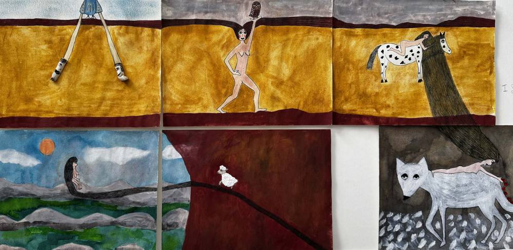 Alejandra Pombo Su, aus der Arbeit „Mein Jahr der Hingabe“, 2025–2026, 18 Zeichnungen, Mixed Media auf Papier