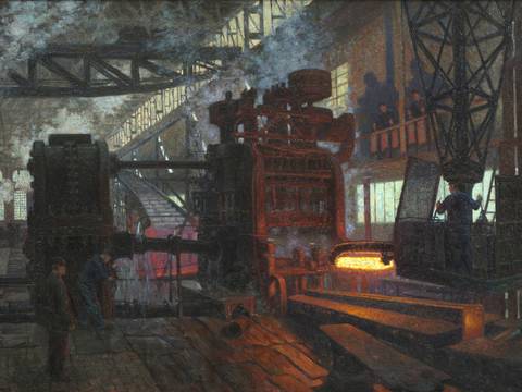 Hans Baluschek, Eisenwalzwerk, 1910 – Ölgemälde einer Fabrikhalle mit arbeitenden Personen, großen Maschinen und glühendem Metall. Rauch und Licht strömen durch Fenster. Industrieromantik.