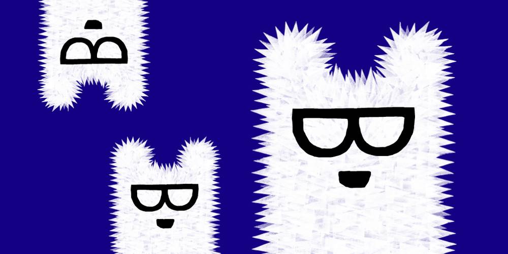 Das Motiv des Berlinale-Bären, aus einem Berlinale-Plakat von Claudia Schramke, 2022. – Stempel-Zeichnung von drei Eisbären mit Brille vor einem dunkelblauen Hintergrund