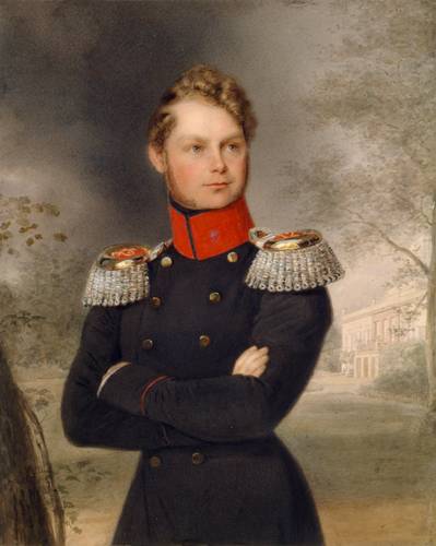 Unbekannter Künstler: Porträt des Prinzen Carl von Preußen in Uniform, im Hintergrund Schloss Glienicke – Unbekannter Künstler: Porträt des Prinzen Carl von Preußen in Uniform, im Hintergrund Schloss Glienicke