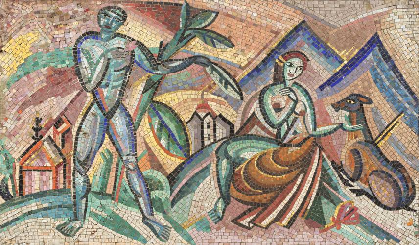 Cesar Klein / Vereinigte Werkstätten für Mosaik und Glasmalerei Puhl & Wagner, Gottfried Heinersdorff Akte in einer Landschaft, 1914 Glasmosaik auf Holz, in Stahlrahmen 81 x 134 cm Sammlung Esche