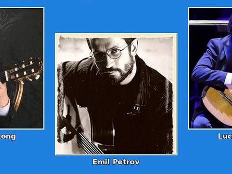  – Drei Personen spielen Akustikgitarre. Links: Dang Ngoc Long, Mitte: Emil Petrov, Rechts: Luca Romanelli. Hintergrund blau, mittleres Bild in Schwarzweiß.