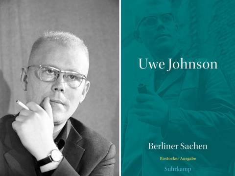 Uwe Johnson, Mitte der 1960er Jahre & Uwe Johnson: „Berliner Sachen“ – links: Porträtaufnahme von Uwe Johnson aus den 1960er Jahren, rechts: Cover des Buches Berliner Sachen