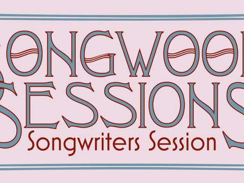  – Songwood Sessions Songwriters Session; geschwungene Buchstaben und blauer Rand auf rosa Hintergrund.