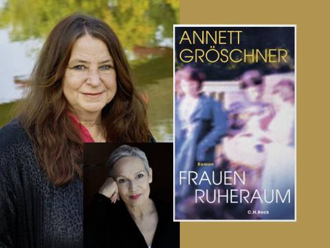 Annett Gröschner und Marion Brasch im Gespräch: Frauenruheraum – Zwei Fotos von weiblich-gelesenen Personen und das Buchcover "FRAUEN RUHERAUM" von Annett Gröschner.