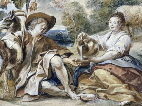 Jacob Jordaens, Schäferpaar (Detail), um 1640, Schwarze Kreide, Aquarell- und Deckfarben