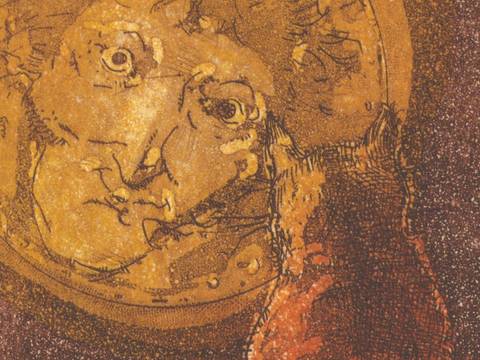 Stephan Klenner-Otto: Murr. Hornugsreuth, 2023 (Ausschnitt) – Stephan Klenner-Otto: Murr. Hornugsreuth, 2023 (Ausschnitt) In der Aquatinta-Radierung des Bamberger Künstlers und Illustrators Stefan Klenner-Otto (geb. 1959) erscheint E.T.A. Hoffmann als Mann im Mond, der liebevoll-streng auf seinen Kater Murr blickt; damit erzählt Klenner-Otto Hoffmanns Werk in einem neuen, bildhaften Zusammenhang weiter. © Stephan Klenner-Otto.