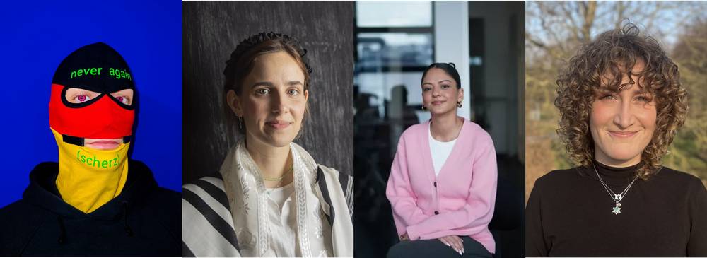 (v.l.n.r.) ruth__lol; Foto: privat; Helene Braun, Foto: Anastasia Wiaterek; Niyousha Akbari; Foto: Abdel Yildiz; Rosa Jellinek; Foto: privat. – Vier Personen nebeneinander. Links: Person mit bunter Maske, Text "never again" und "(scherz)". Rechts: Drei Personen, lächelnd, teils mit Schmuck.