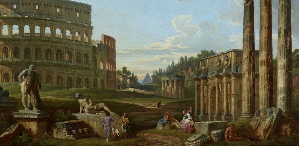 Giovanni Paolo Panini, Fantasielandschaft mit römischen Monumenten (Detail), 1735