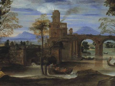 Annibale Carracci, Römische Flusslandschaft mit Kastell und Brücke, um 1600