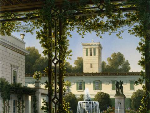 August Haun nach August Wilhelm Ferdinand Schirmer: Klein Glienicke, Gartenhof des Schlosses, 1854 – August Haun nach August Wilhelm Ferdinand Schirmer: Klein Glienicke, Gartenhof des Schlosses, 1854