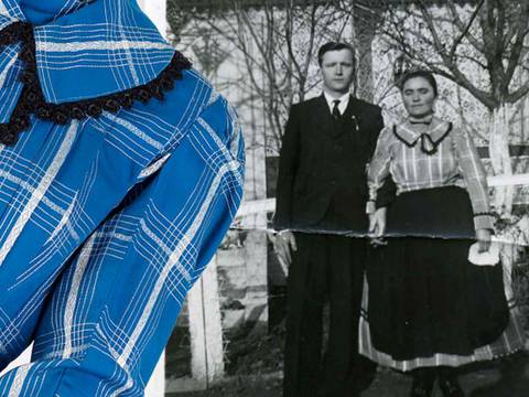 Alltagskleidung der Bauerntochter Elisabeth Märcz, aus Blaudruckstoffen von ihrer Mutter genäht, Murga / Murgau (Ungarn) um 1942.