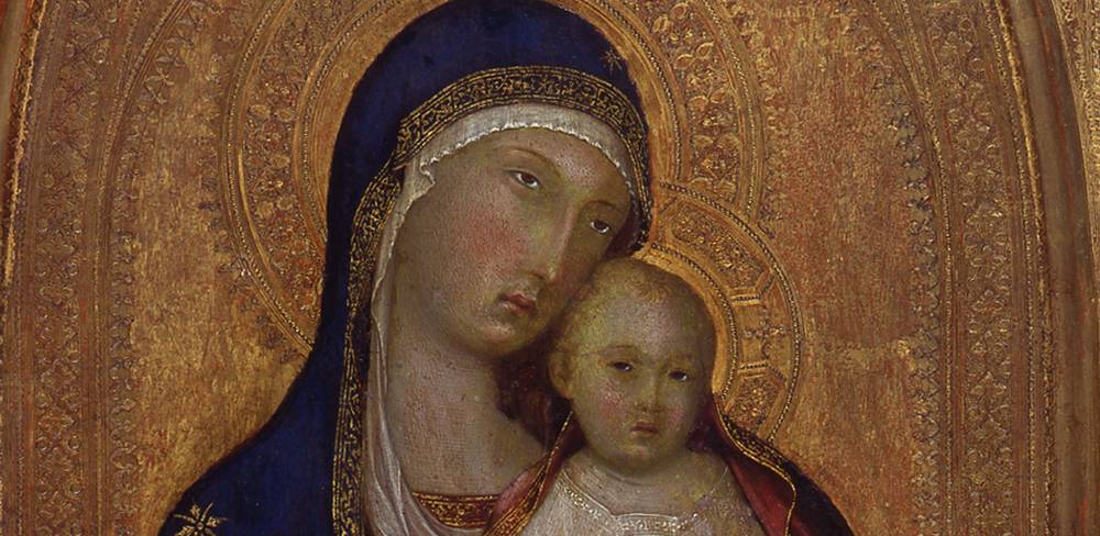 Lippo Memmi, Maria mit dem Kind (Detail), 1333 – Mittelalterliche Ikone auf Holz. Zwei Personen, eine erwachsene Figur mit blauem Schleier und eine kindliche Figur, eng umschlungen und frontal betrachtet.