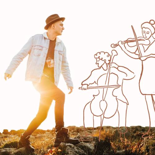 Person in Jeansjacke und Hut läuft auf Felsen. Rechts gezeichnete Figur spielt Cello, daneben weitere Figur mit Geige. Licht scheint von links.