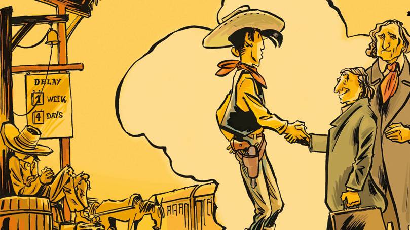 Key Visual der Veranstaltung – Comic-Figur Lucky Luke schüttelt den Brüdern Grimm die Hand