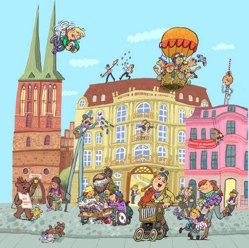 Am „Sonntag im Nikolaiviertel“ gibt es in den Museen Nikolaikirche, Ephraim-Palais und Knoblauchhaus ein abwechslungsreiches Programm. – Cartoon-Zeichnung von buntem Menschengetümmel vor Nikolaikirche, Knoblauchhaus und Ephraim-Palais