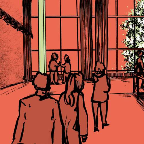 In einer Zeichnung in den Farben orange und grün halten sich Besucher*innen im Oberen Foyer des Haus der Berliner Festspiele auf