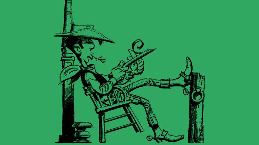 Key Visual der Veranstaltung – Lucky Luke sitzt auf einem Stuhl und schnitzt lässig zurückgelehnt