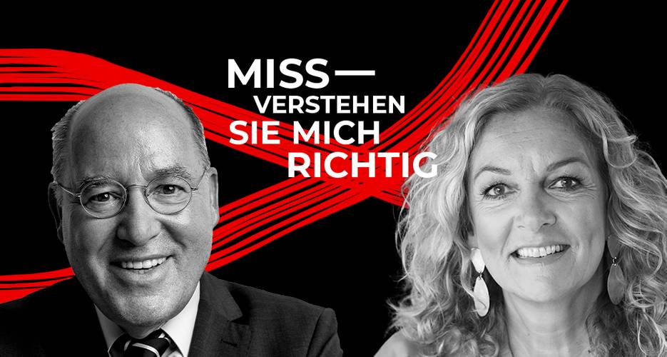 MISSVERSTEHEN SIE MICH RICHTIG – Bettina Tietjen zu Gast bei Gregor Gysi – Zwei lächelnde Personen vor schwarzem Hintergrund mit rotem Band. Text: MISSVERSTEHEN SIE MICH RICHTIG.